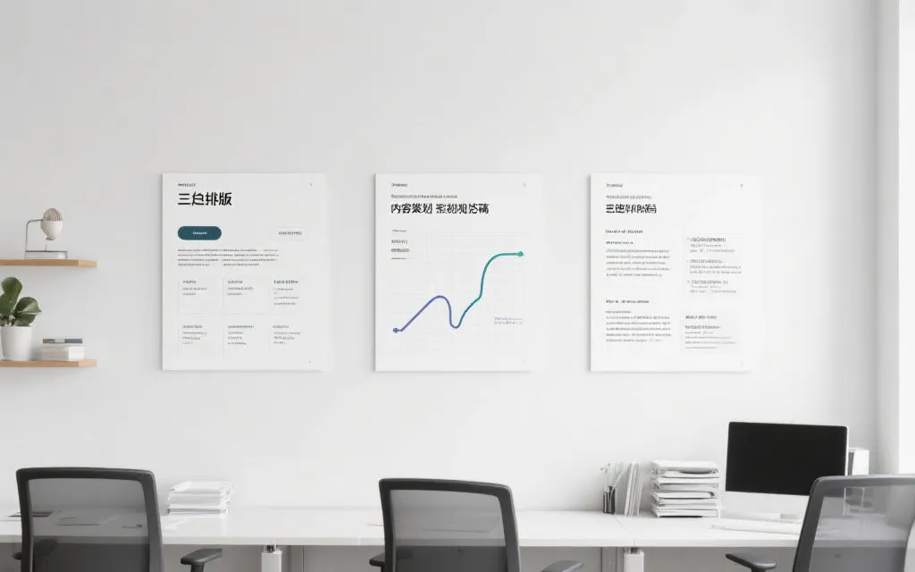 三屏内容排版示意：搜索标题、社媒情绪标题与互动标题